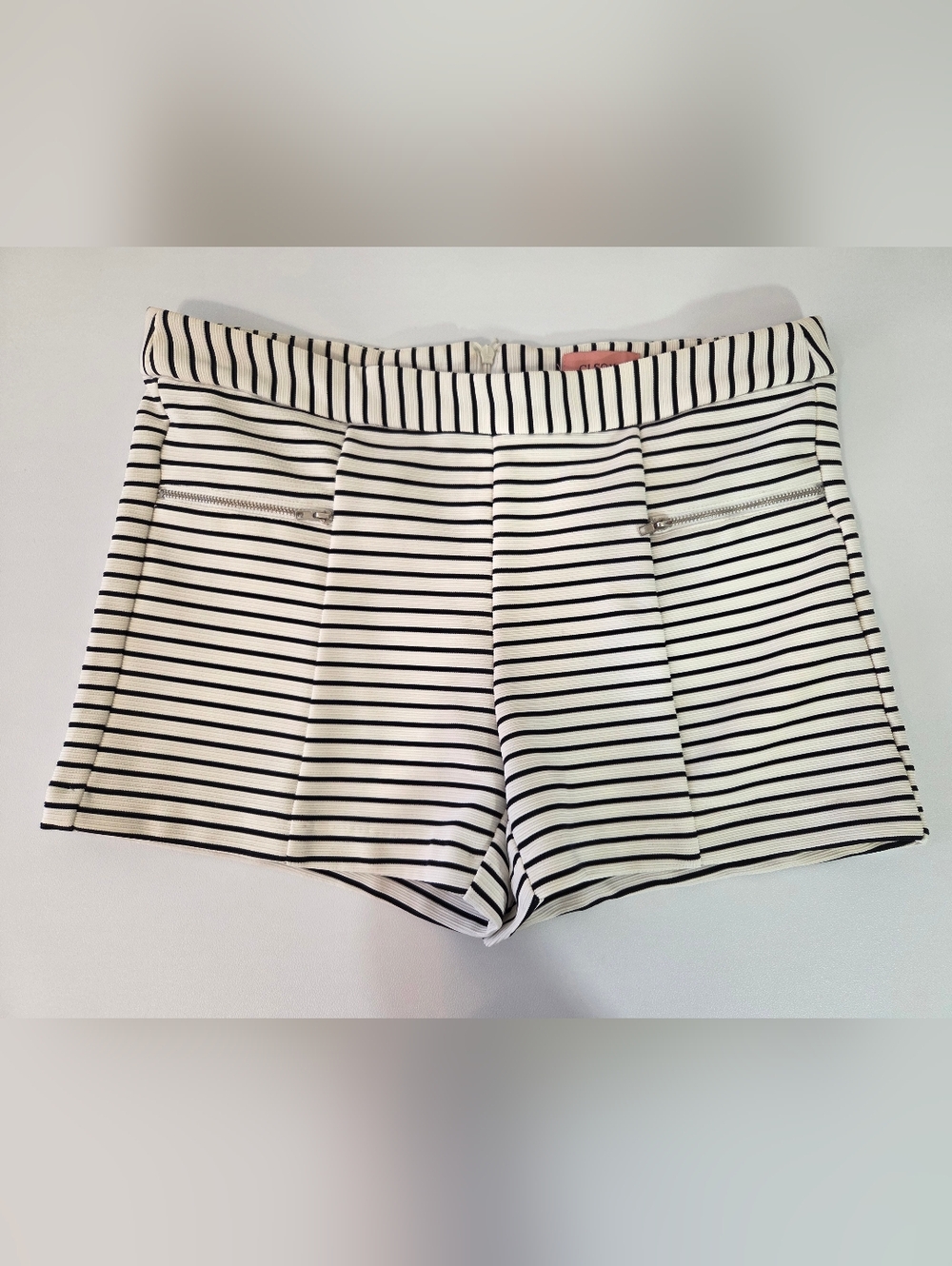 Ci Sono Black & White Striped Mini Shorts with Front Zips
